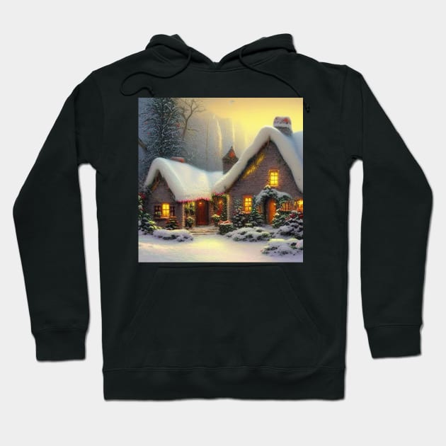 Magical Fantasy Cottage with Lights In A Snowy Scene, Scenery Nature Hoodie by Promen Art